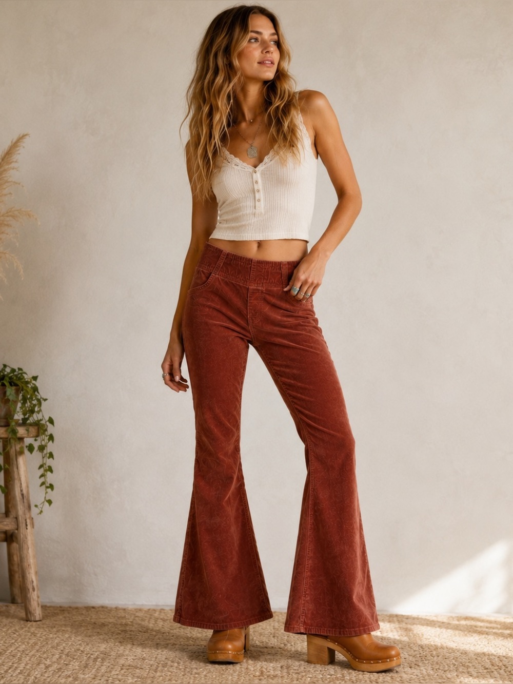 Free People Penny Pull On Cord Flare Pants Sz 30 Rusted Rose Bell Bottom Boho
